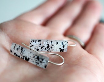 SILVER AND GLASS - Black and white speckled fused glass minimalist earrings