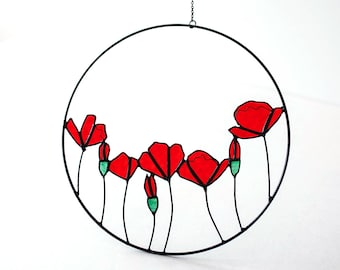 Stained Glass Poppy Wreath - Poppy Home Decoration  - Handmade Colored Glass Flower Suncatcher