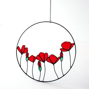 Stained Glass Poppy Wreath Poppy Home Decoration Handmade Colored Glass Flower Suncatcher image 1