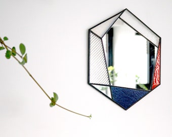 Stained Glass Mirror - Geometric Hexagon Mirror Red & Blue