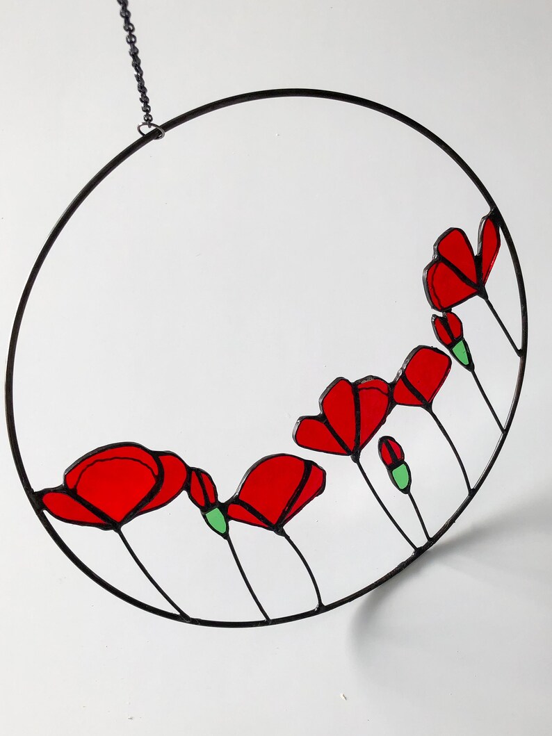 Stained Glass Poppy Wreath Poppy Home Decoration Handmade Colored Glass Flower Suncatcher image 7