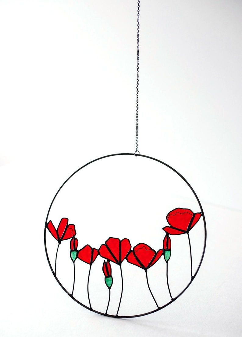 Stained Glass Poppy Wreath Poppy Home Decoration Handmade Colored Glass Flower Suncatcher image 1