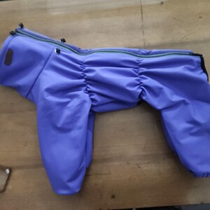 May include: A lavender dog jumpsuit with a hood and full-length sleeves and legs. The jumpsuit has a zipper closure and a green stripe detail along the zipper. The fabric is gathered at the waist.