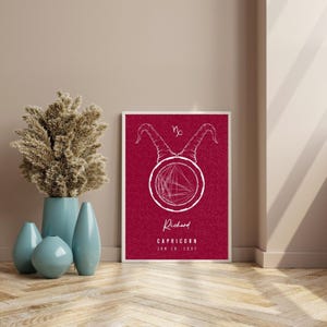 Signo de Capricórnio personalizado, arte de parede para impressão de presente de aniversário, mapa astral personalizado, design exclusivo para download digital de arte de mapa natal