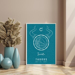 Signo de Touro personalizado, arte de parede para impressão de presente de aniversário, mapa astral personalizado, design exclusivo para download digital de arte de mapa natal