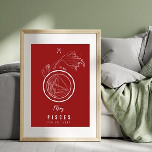 Signo de Peixes personalizado, arte de parede para impressão de presente de aniversário, mapa astral personalizado, design exclusivo para download digital de arte de mapa natal