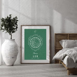 Signo de Leão personalizado, arte de parede para impressão de presente de aniversário, mapa astral personalizado, design exclusivo para download digital de arte de mapa natal