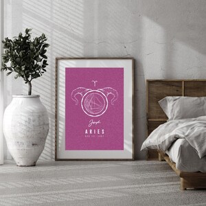Signo de Áries personalizado, arte de parede para impressão de presente de aniversário, mapa astral personalizado, design exclusivo para download digital de arte de mapa natal