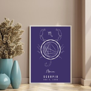 Signo de Escorpião personalizado, arte de parede para impressão de presente de aniversário, mapa astral personalizado, design exclusivo para download digital de arte de mapa natal