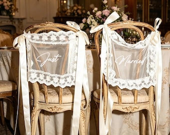 Sheer Lace Just Married Signs for Chairs, Personalized Bride & Groom Chair Sign, Wedding Chair Decor for Sweetheart Table
