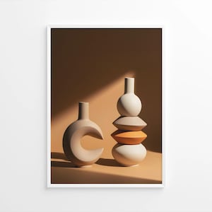 Abstract Ceramic Still Life Wall Art Print, Modern Geometric Vase Decor, Boho Terracotta Neutral Home Digital Download