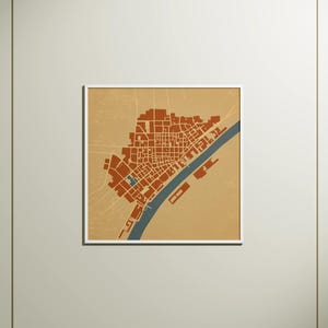 曲線地図ウォールアート | 抽象的な都市地図プリント | 古代の青写真スタイル | ミニマリスト幾何学装飾 | デジタルダウンロード