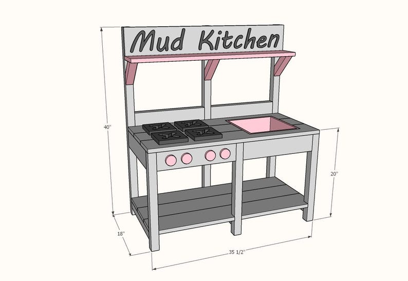 May include: A wooden mud kitchen with the text "Mud Kitchen" above. The play kitchen is gray with pink accents, including the sink and knobs. It measures 35 1/2 inches wide, 40 inches tall, and 18 inches deep.