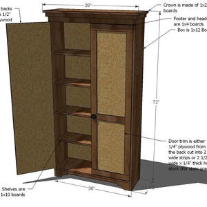 May include: A wooden cabinet with a dark brown finish, featuring a crown made of 1x2 boards and a 39-inch wide top. The cabinet has a 72-inch height, shelves made of 1x10 boards, and a door with a cork-like panel.
