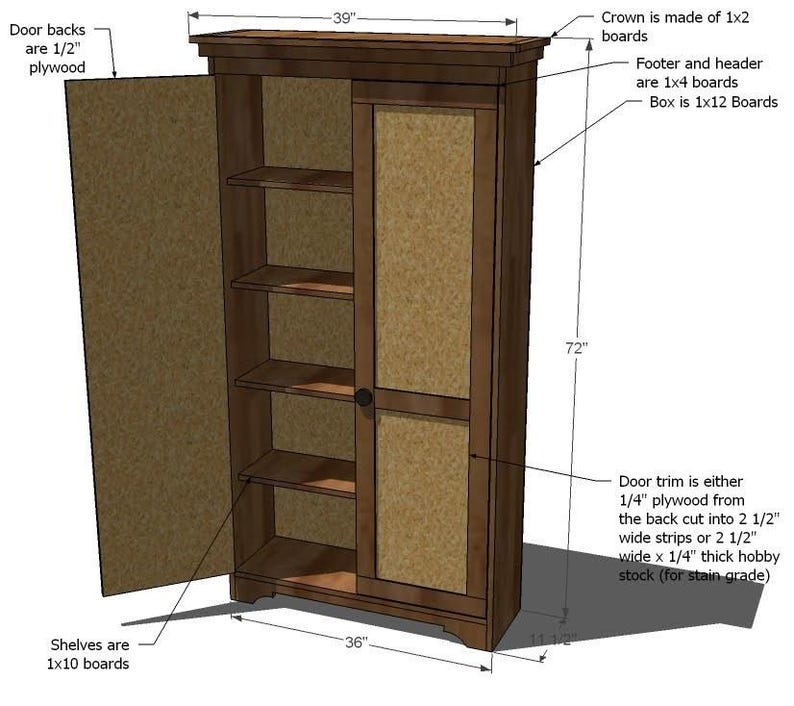 May include: A wooden cabinet with a dark brown finish, featuring a crown made of 1x2 boards and a 39-inch wide top. The cabinet has a 72-inch height, shelves made of 1x10 boards, and a door with a cork-like panel.