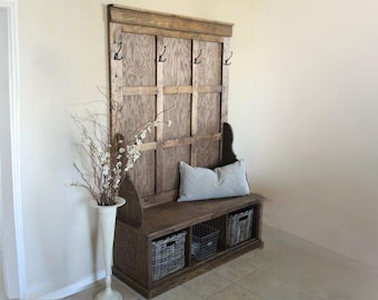 Farmhouse Hall Tree – PDF Woodworking Plan for DIY Entryway Storage Bench with Hooks – Rustic Coat & Shoe Organizer