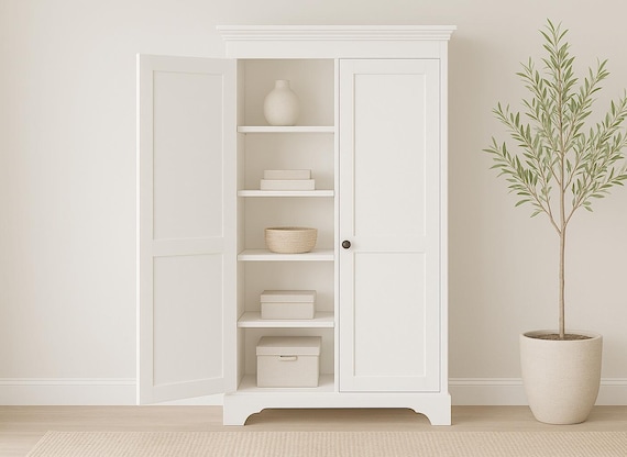 Narrow Farmhouse Storage Armoire – DIY PDF Woodworking Plan for Rustic Tall Cabinet with Shelves & Doors