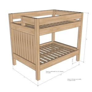 May include: A light-colored wooden bunk bed with a slatted base and guardrails. The bed frame is rectangular, with dimensions of 72 inches high, 60 inches wide, and 78 inches long. The design includes vertical slats on the headboard and footboard. The text says: "Opening underneath for 1x12 drawers or trundle."