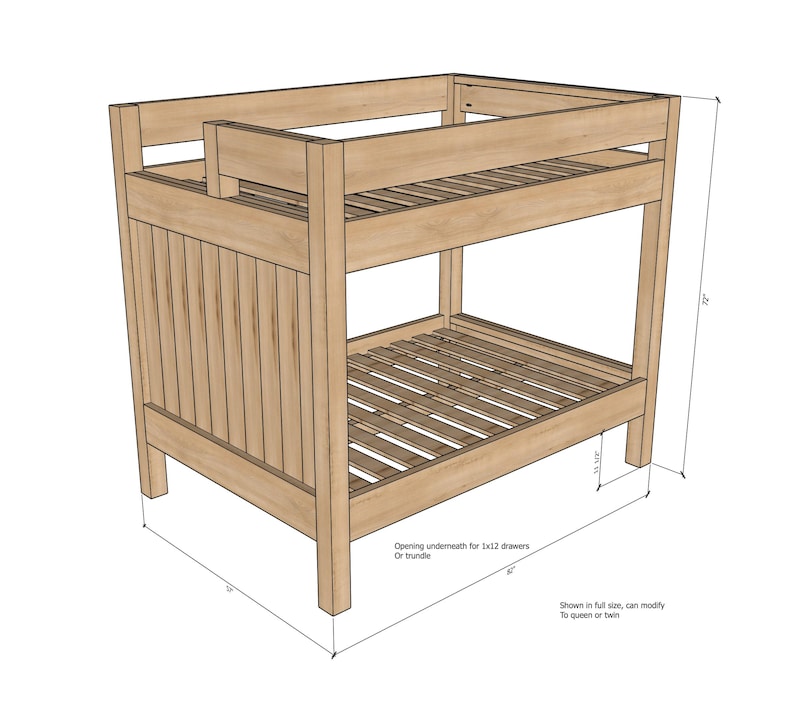 May include: A light-colored wooden bunk bed with a slatted base and guardrails. The bed frame is rectangular, with dimensions of 72 inches high, 60 inches wide, and 78 inches long. The design includes vertical slats on the headboard and footboard. The text says: "Opening underneath for 1x12 drawers or trundle."