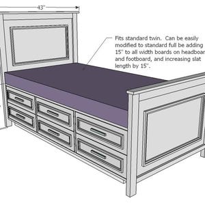May include: A light gray twin-sized bed frame with a headboard, footboard, and built-in drawers. The headboard is 43 inches wide and 50 inches tall. The bed frame is 31 inches tall. The bed frame has a purple mattress and eight drawers.