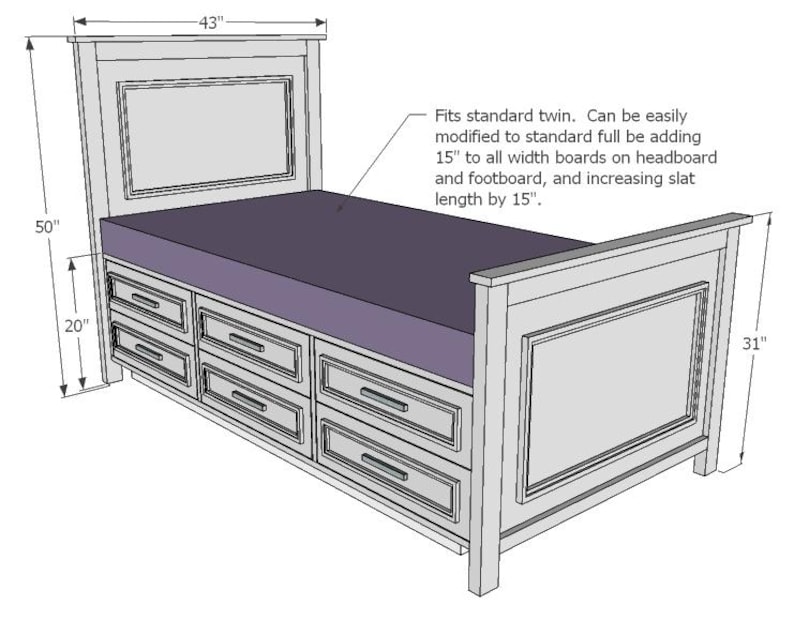 May include: A light gray twin-sized bed frame with a headboard, footboard, and built-in drawers. The headboard is 43 inches wide and 50 inches tall. The bed frame is 31 inches tall. The bed frame has a purple mattress and eight drawers.