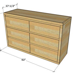 May include: A light-colored wooden dresser with six drawers. The dresser is 52 inches wide, 32 inches tall, and 17.5 inches deep. The design is simple and modern, with a rectangular shape.