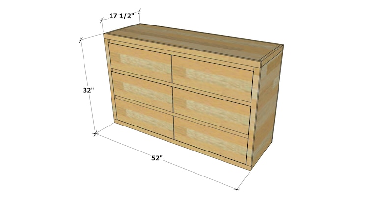 May include: A light-colored wooden dresser with six drawers. The dresser is 52 inches wide, 32 inches tall, and 17.5 inches deep. The design is simple and modern, with a rectangular shape.