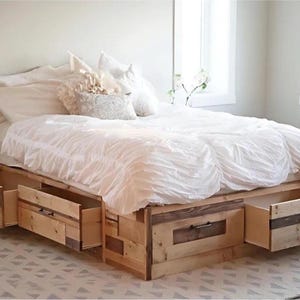 Brandy Scrap Wood Storage Bed with Drawers – KING – DIY Woodworking Plans for Rustic, Space-Saving King Bed