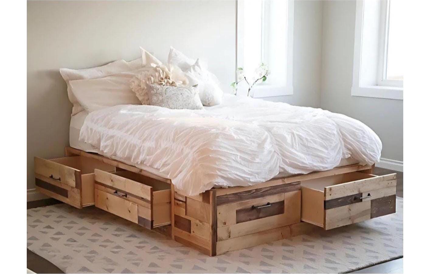Brandy Scrap Wood Storage Bed With Drawers – KING – DIY Woodworking Plans  for Rustic, Space-saving King Bed - Etsy New Zealand, image size:1414x900