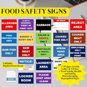 34 Printable Food Safety Signs, Hygiene Signs, Safety Signs, Food Allergen Segregation, Housekeeping Signs