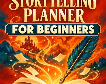 May include: A book cover titled Davis Workflow Storytelling Planner For Beginners. The design features an open book with a glowing quill pen, floating papers, a silhouette of a castle, and a dragon against a vibrant orange and red background.