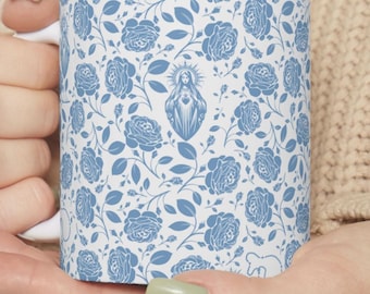 Mother Mary Mug – Virgin Mary Coffee Cup - Catholic Mug  Heart of Mary Gift – Blue Rose Toile Rosary Design – Godmother Gift