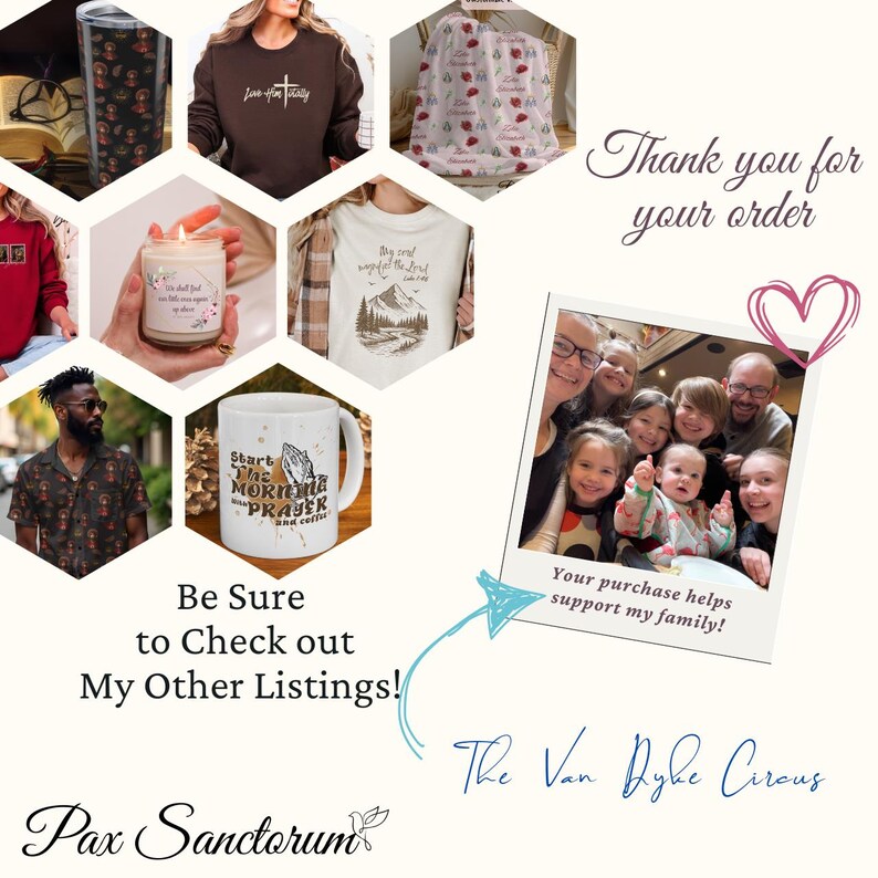 K&ouml;nnte beinhalten: Eine Collage mit verschiedenen Produkten, darunter eine Tasse, eine Kerze, ein T-Shirt und eine Decke. Die Tasse tr&auml;gt den Text "Start the morning with prayer and coffee". Das Bild enth&auml;lt auch den Text "Thank you for your order."
