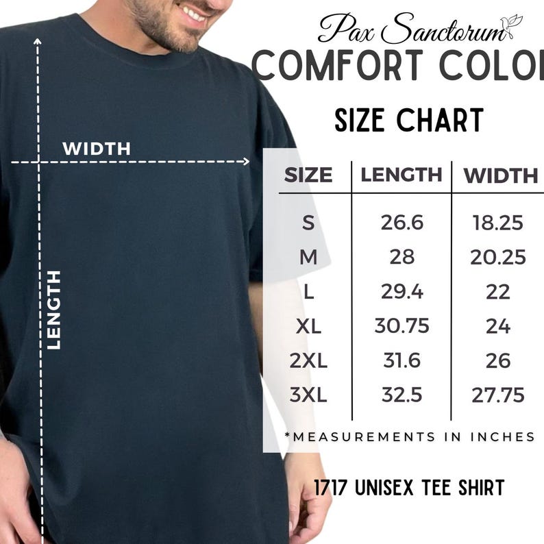 K&ouml;nnte beinhalten: Ein marineblaues Unisex-T-Shirt mit Gr&ouml;&szlig;entabelle. Die Tabelle zeigt die L&auml;ngen- und Breitenma&szlig;e in Zoll f&uuml;r die Gr&ouml;&szlig;en S bis 3XL. Das Shirt ist mit "1717 Unisex Tee Shirt" gekennzeichnet.