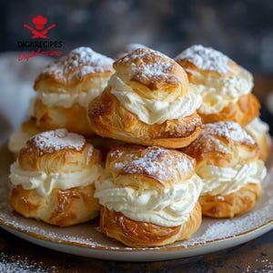 Pode incluir: Um prato de profiteroles, polvilhados com açúcar de confeiteiro. Os doces dourados são recheados com um generoso creme branco. A imagem apresenta o texto "DIGARECIPES Digital recipes" no canto superior esquerdo.