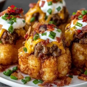 Op de afbeelding: Close-up van geladen tater tots. Goudbruine tater tots zijn bedekt met gehakt, gesmolten kaas, zure room, gehakte bieslook en spekjes. Geserveerd op een witte plaat.