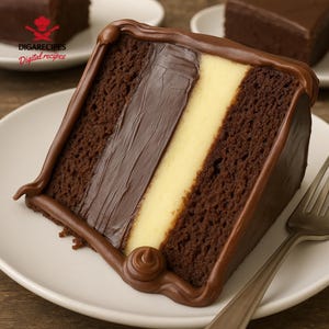 May include: A slice of layered chocolate cake with a light yellow center and chocolate frosting. The cake sits on a white plate with a fork. The cake has a dark brown color and is decorated with a chocolate border.
