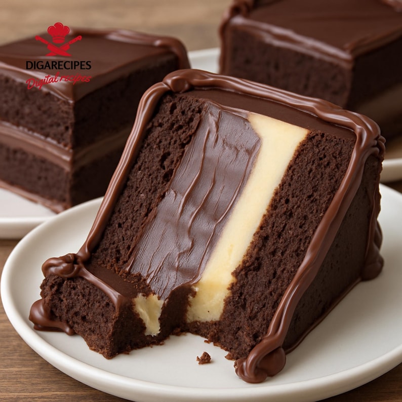 May include: A slice of chocolate cake with a creamy, light-colored filling, topped with chocolate frosting and a chocolate drizzle. The cake sits on a white plate, with two other cake slices in the background. The image includes the text "DIGARECIPES".