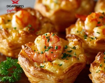 La migliore ricetta per cestini di pasta sfoglia all'aragosta dorata / Elegante antipasto di pesce / Bocconcini friabili e burrosi / Ricetta facile per feste / Download immediato in PDF