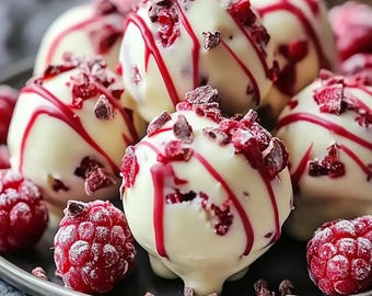 May include: Close-up of white chocolate truffles drizzled with red icing and topped with chopped raspberries and chocolate shavings. Fresh raspberries are scattered around the truffles on a gray plate. Dessert food photography.