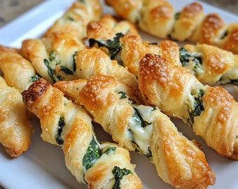 Best Recipe for Parmesan and Spinach Cheese Twists | Savory Puff Pastry Snack | Easy Party Appetizer | Printable Recipe PDF|Instant Download