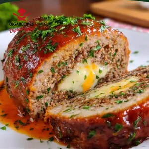 Può includere: Un polpettone a fette con un ripieno cremoso e formaggioso, condito con una salsa rossa ricca ed erbe verdi fresche. Il polpettone è su un piatto bianco, che mostra il pasto saporito.