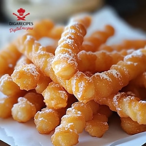 May include: Close-up of golden-brown, spiral-shaped pastries dusted with powdered sugar. The image features a pile of these treats, showcasing their crispy texture and sweet appearance. The logo "DIGARECIPES Digital recipes" is in the top left corner.
