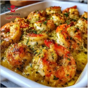 Puede incluir: Primer plano de una fuente rectangular blanca llena de gambas cocidas. Las gambas son de color marrón dorado y rojo, cubiertas con una salsa cremosa amarilla con hierbas verdes. El plato está etiquetado "DIGARECIPES Digital recipes".