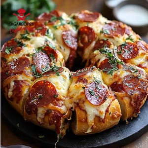 Könnte beinhalten: Ein ringförmiges Pepperoni-Pizza-Brot, goldbraun gebacken. Die Pizza ist mit geschmolzenem Käse, Pepperoni-Scheiben und frischen Kräutern belegt. Das Brot ist in einzelne Portionen geschnitten. Der Text "DIGARECIPES" ist im Bild enthalten.