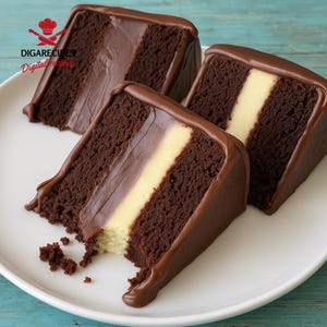 Può includere: Tre fette di torta al cioccolato con un ripieno cremoso e chiaro e glassa al cioccolato. La torta è su un piatto bianco. L'immagine include il testo "DIGARECIPES Digital recipes" nell'angolo in alto a sinistra.