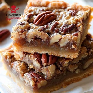 Puede incluir: Una pila de tres porciones de pastel de nueces. Las barras tienen una base dorada, un relleno pegajoso y están cubiertas con nueces enteras. La imagen es un primer plano, que muestra las texturas y los colores del postre.