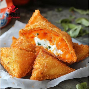May include: Golden-brown, crispy, triangular pastries filled with a vibrant orange cheese and a creamy white filling with green herbs. The pastries are arranged on a white paper, with a few visible on a dark background.