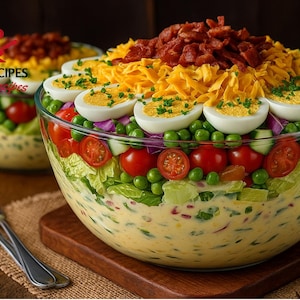 May include: A large glass bowl filled with a layered salad. The salad includes lettuce, tomatoes, peas, eggs, cheese, and bacon. The salad is on a wooden board with a fork in the foreground. The text "DIGARECIPES Digital Recipes" is visible.