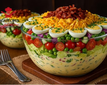 Beste recept voor recept voor salade met zeven lagen – Klassiek vooruitstrevend feestgerecht | Kleurrijke potluck-kant | Afdrukbare pdf | Directe digitale download